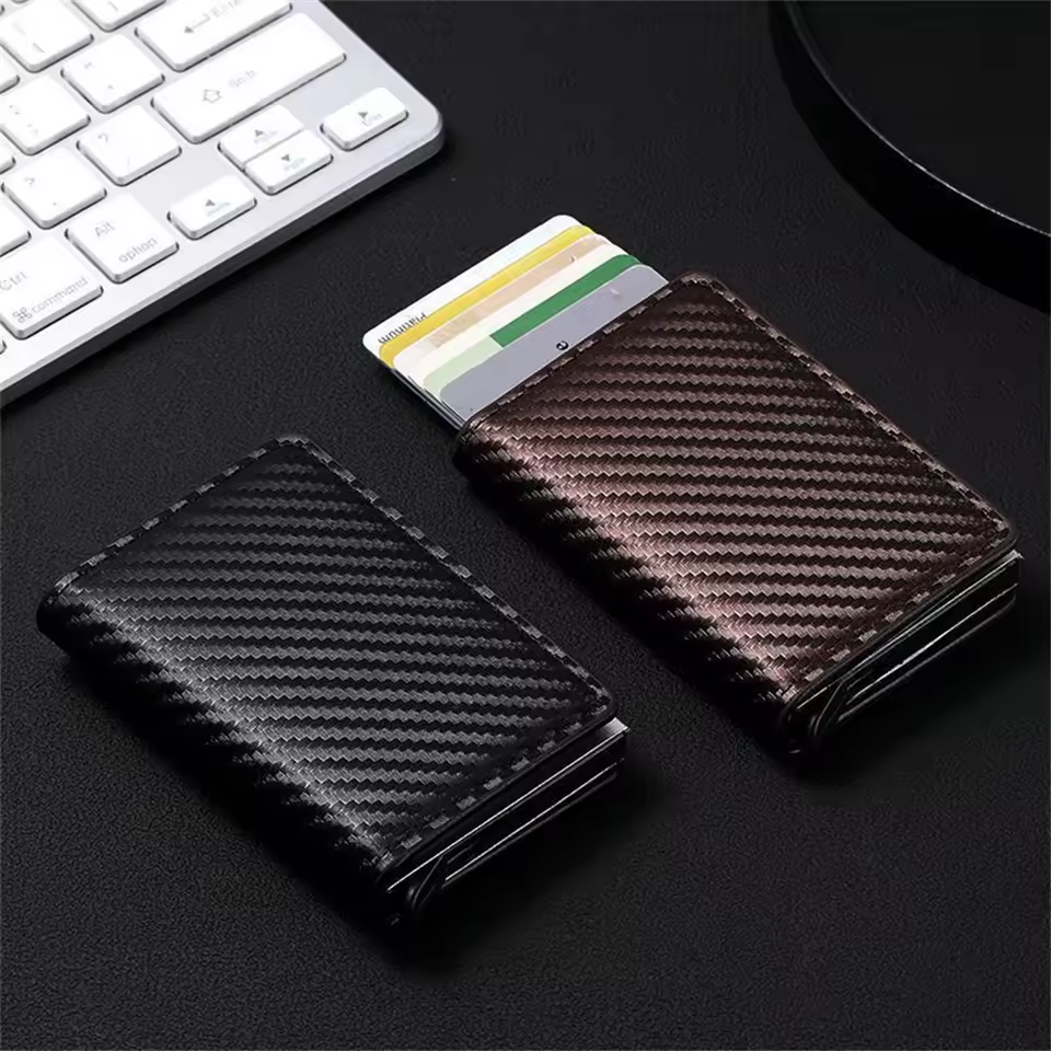 Premium Carbon Fiber RFID Credit Card Holder Wallet – Slim Minimalist Pop-Up Design for Men, Metal RFID Protection, Stylish Black Wallet