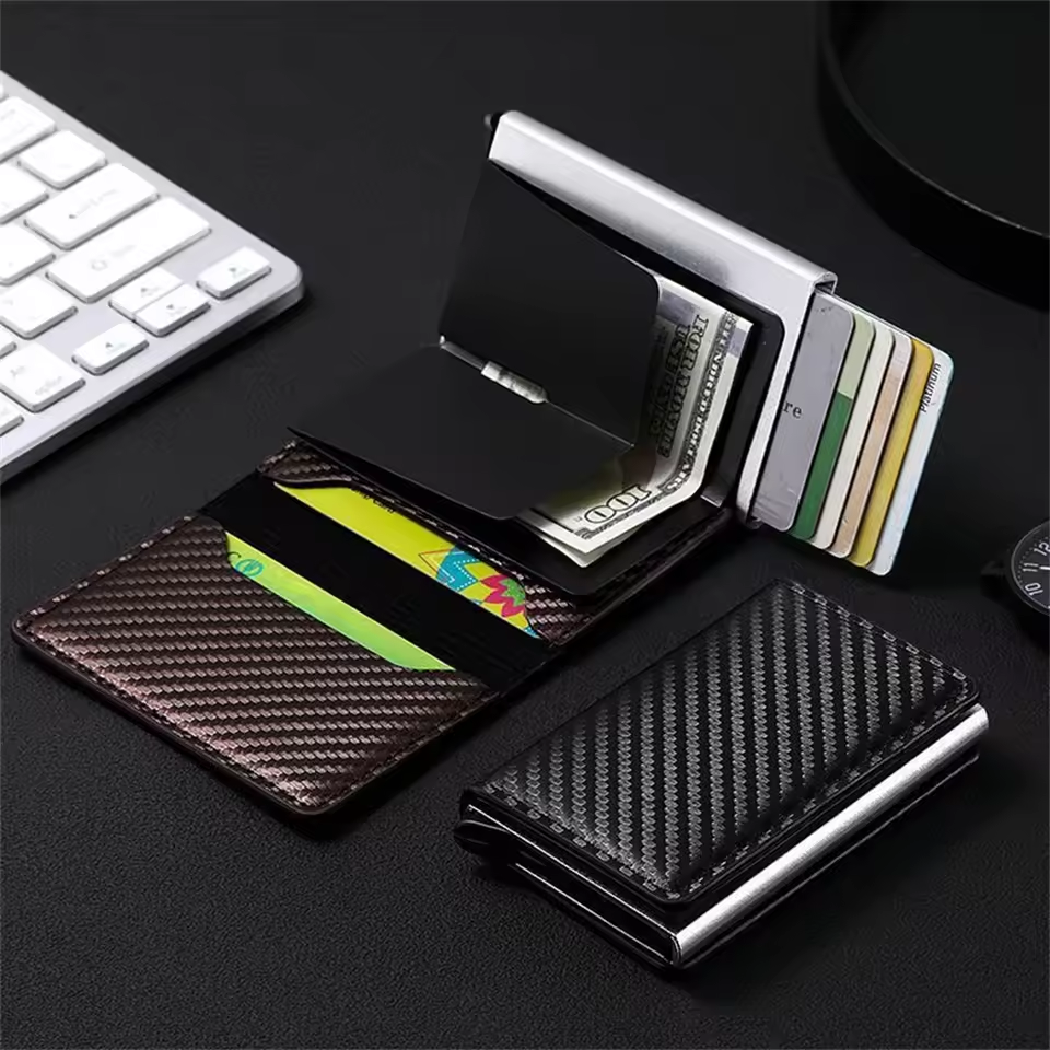 Premium Carbon Fiber RFID Credit Card Holder Wallet – Slim Minimalist Pop-Up Design for Men, Metal RFID Protection, Stylish Black Wallet
