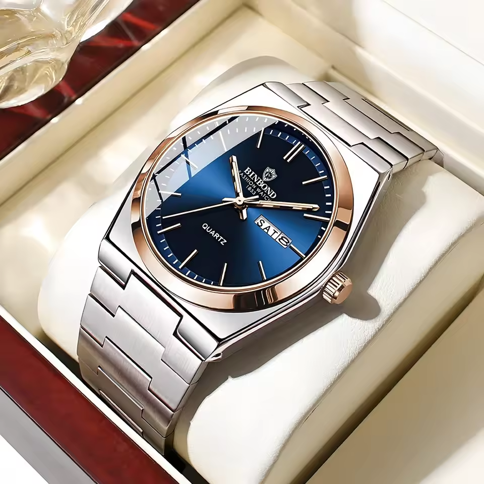 POEDAGAR Luxury Quartz Wristwatch for Men – Waterproof Stainless Steel Sport Watch with Luminous Hands, Date & Week Display, Gift Box Included