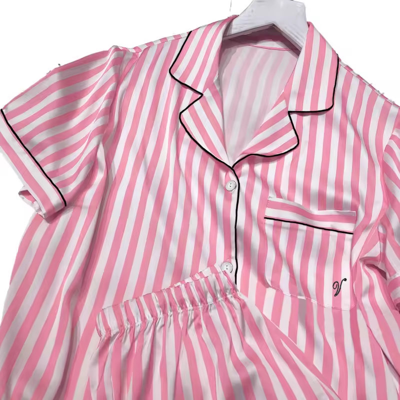 Women's Striped Satin Pajama Set – Short Sleeve Faux Silk Sleepwear with Shorts
