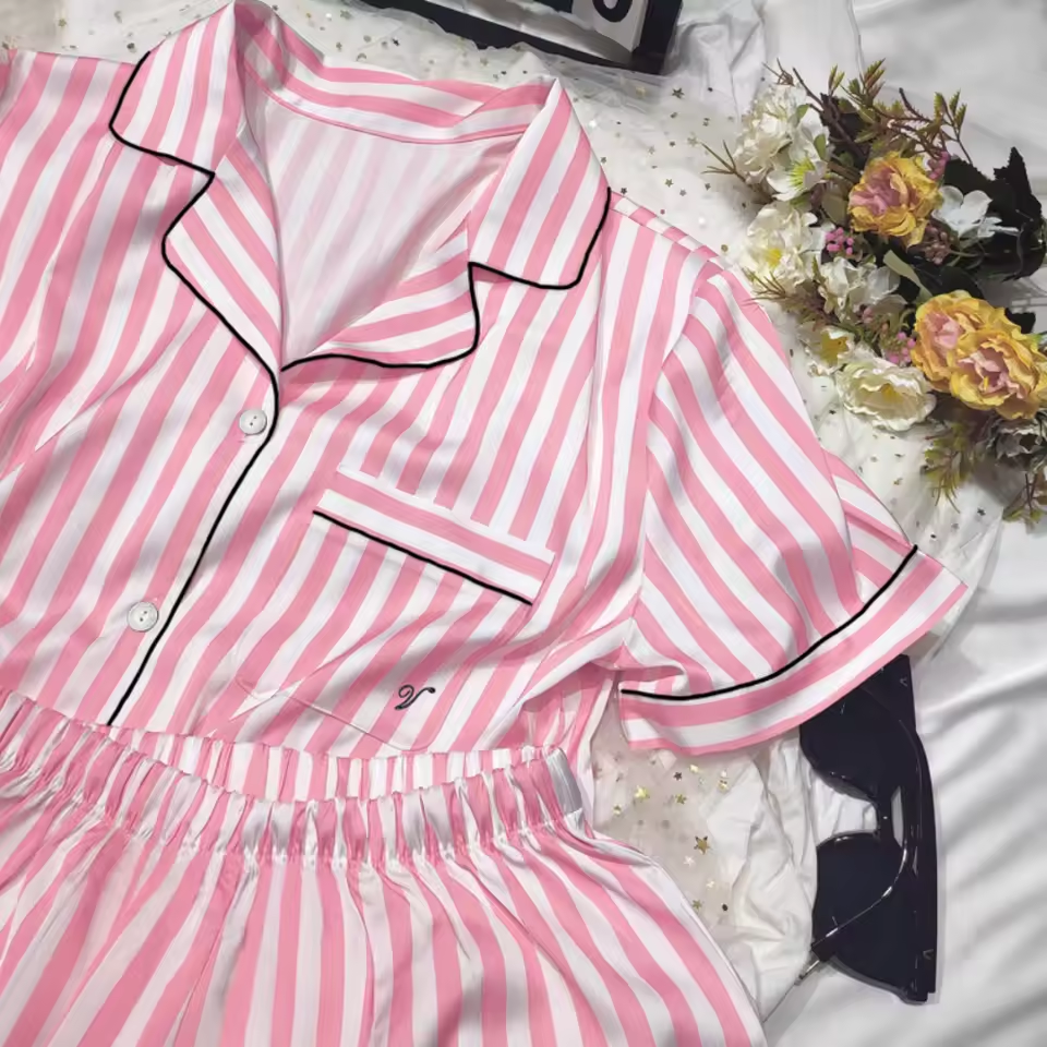 Women's Striped Satin Pajama Set – Short Sleeve Faux Silk Sleepwear with Shorts
