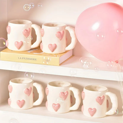 Hand-Painted Ceramic Mug with Pink Hearts – Cute Underglaze Coffee & Milk Cup, Perfect Valentine's Day Gift for Her