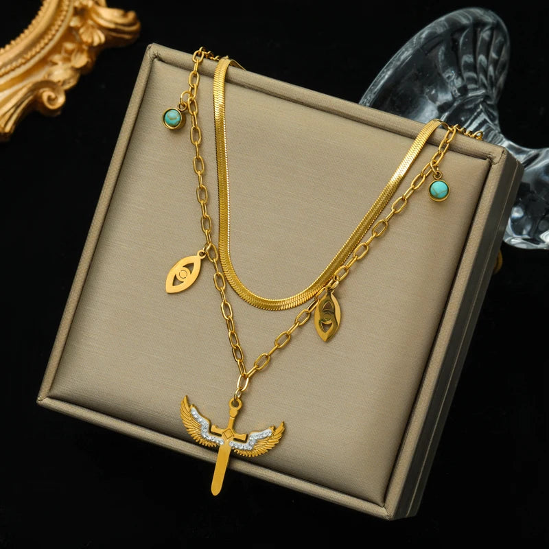 Stainless Steel Multilayer Geometric Portrait Coin & Stone Pendant Necklace – Fashion Jewelry for Women and Girls