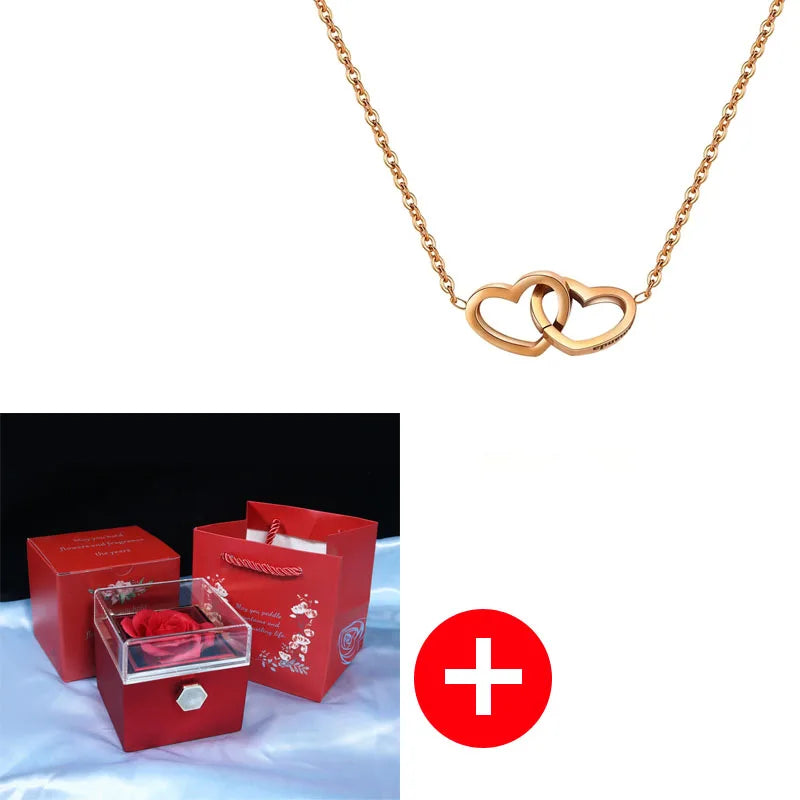 Valentine's Day Double Heart Eternal Rose Custom Name Necklace – Personalized Jewelry with Rotating Rose Gift Box