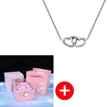 Valentine's Day Double Heart Eternal Rose Custom Name Necklace – Personalized Jewelry with Rotating Rose Gift Box