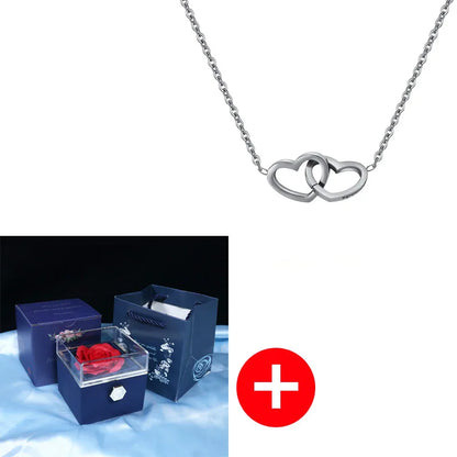 Valentine's Day Double Heart Eternal Rose Custom Name Necklace – Personalized Jewelry with Rotating Rose Gift Box