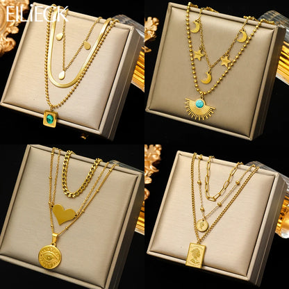 Stainless Steel Multilayer Geometric Portrait Coin & Stone Pendant Necklace – Fashion Jewelry for Women and Girls