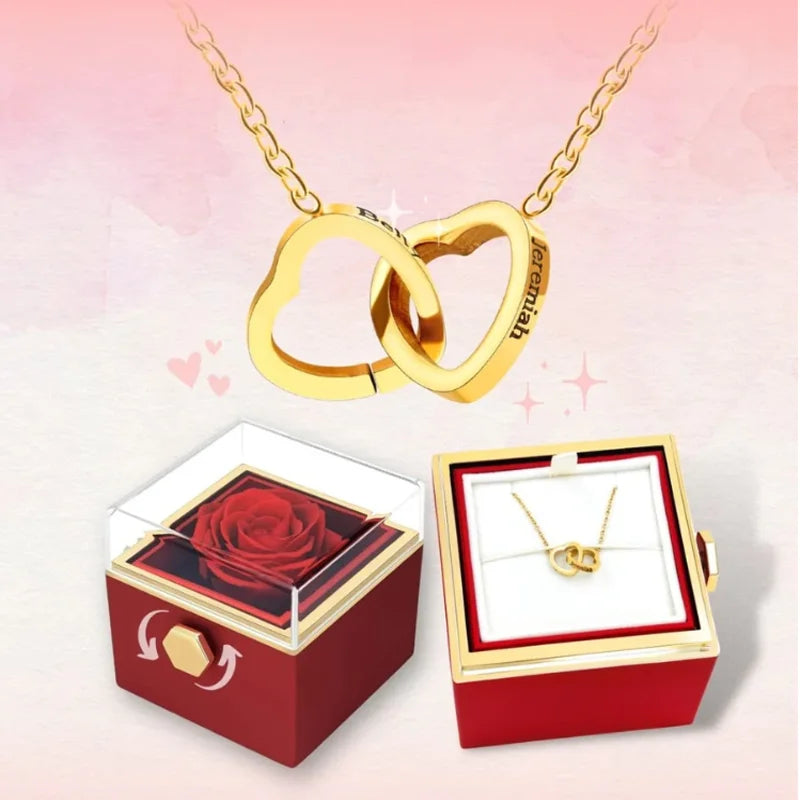 Valentine's Day Double Heart Eternal Rose Custom Name Necklace – Personalized Jewelry with Rotating Rose Gift Box