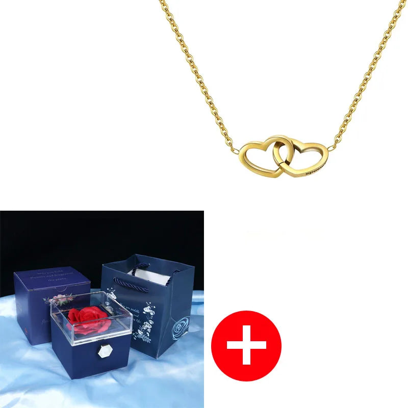 Valentine's Day Double Heart Eternal Rose Custom Name Necklace – Personalized Jewelry with Rotating Rose Gift Box