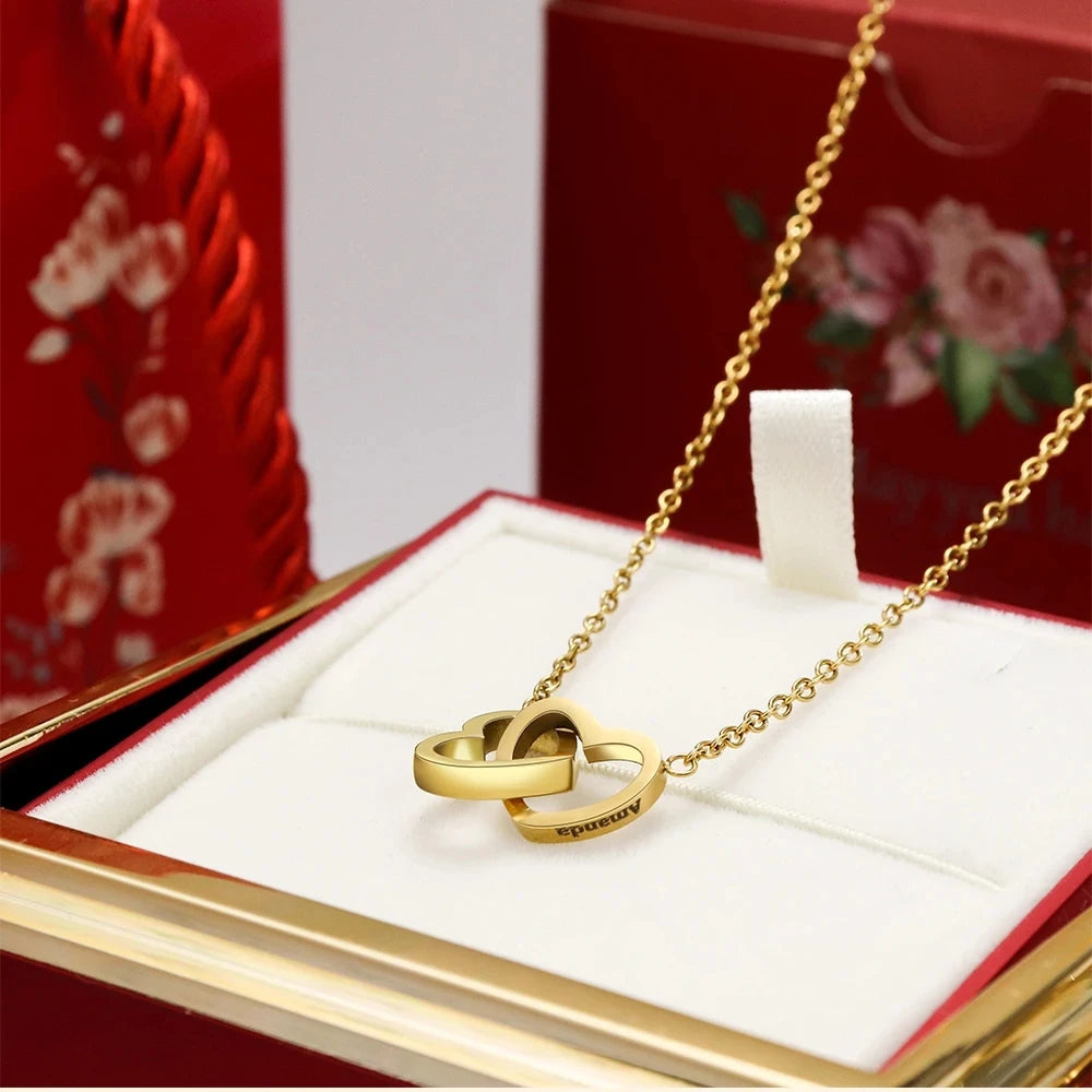 Valentine's Day Double Heart Eternal Rose Custom Name Necklace – Personalized Jewelry with Rotating Rose Gift Box