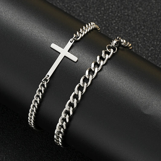 Cross Cuban Snake Chain Bracelet Set for Men - Stainless Steel Hip Hop & Punk Style Jewelry