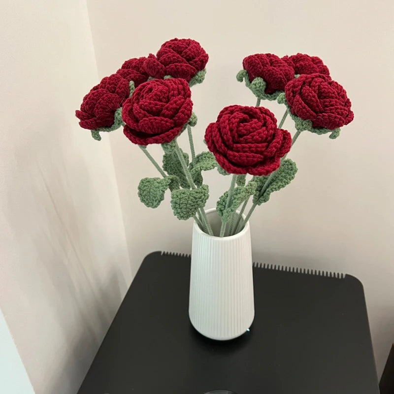 Hand-Knitted Wool Rose Flower Bouquet – Crochet Woven Flowers for DIY Weddings, Parties, and Home Decor