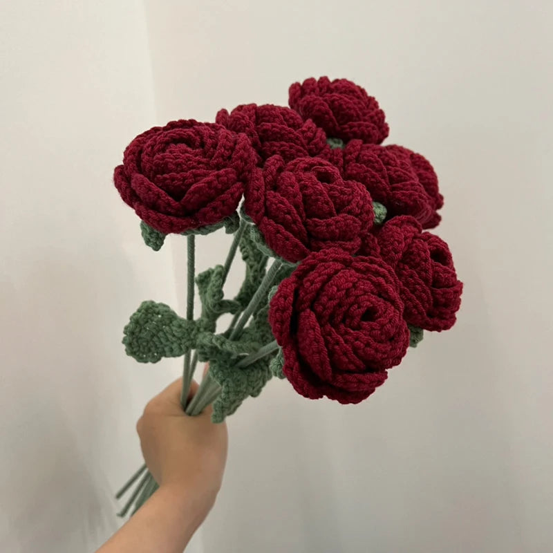 Hand-Knitted Wool Rose Flower Bouquet – Crochet Woven Flowers for DIY Weddings, Parties, and Home Decor