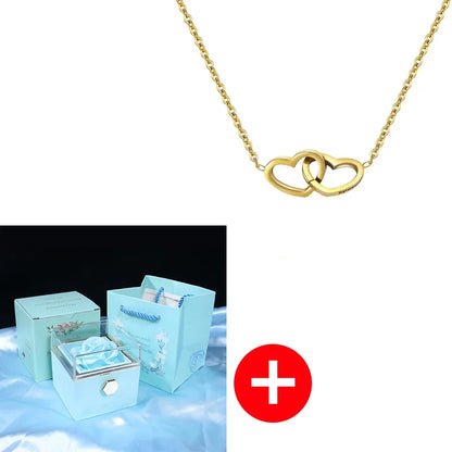 Valentine's Day Double Heart Eternal Rose Custom Name Necklace – Personalized Jewelry with Rotating Rose Gift Box
