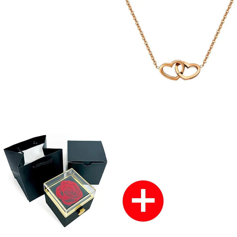 Valentine's Day Double Heart Eternal Rose Custom Name Necklace – Personalized Jewelry with Rotating Rose Gift Box