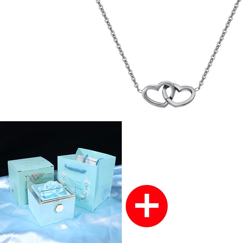 Valentine's Day Double Heart Eternal Rose Custom Name Necklace – Personalized Jewelry with Rotating Rose Gift Box
