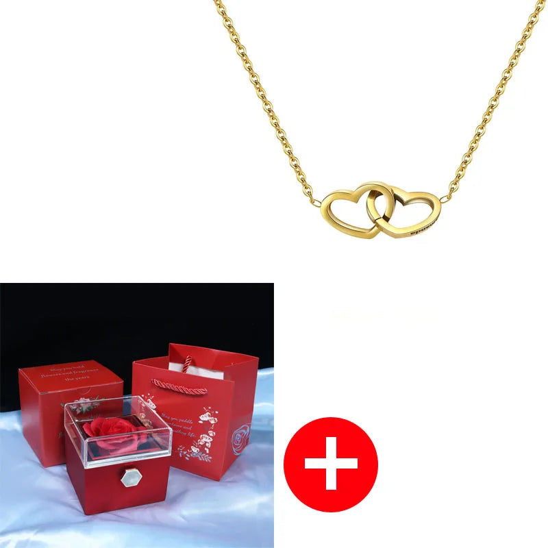 Valentine's Day Double Heart Eternal Rose Custom Name Necklace – Personalized Jewelry with Rotating Rose Gift Box