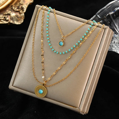 Stainless Steel Multilayer Geometric Portrait Coin & Stone Pendant Necklace – Fashion Jewelry for Women and Girls