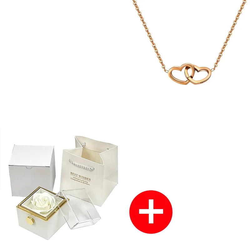 Valentine's Day Double Heart Eternal Rose Custom Name Necklace – Personalized Jewelry with Rotating Rose Gift Box