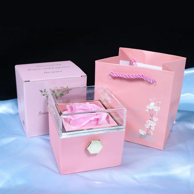 Valentine's Day Double Heart Eternal Rose Custom Name Necklace – Personalized Jewelry with Rotating Rose Gift Box
