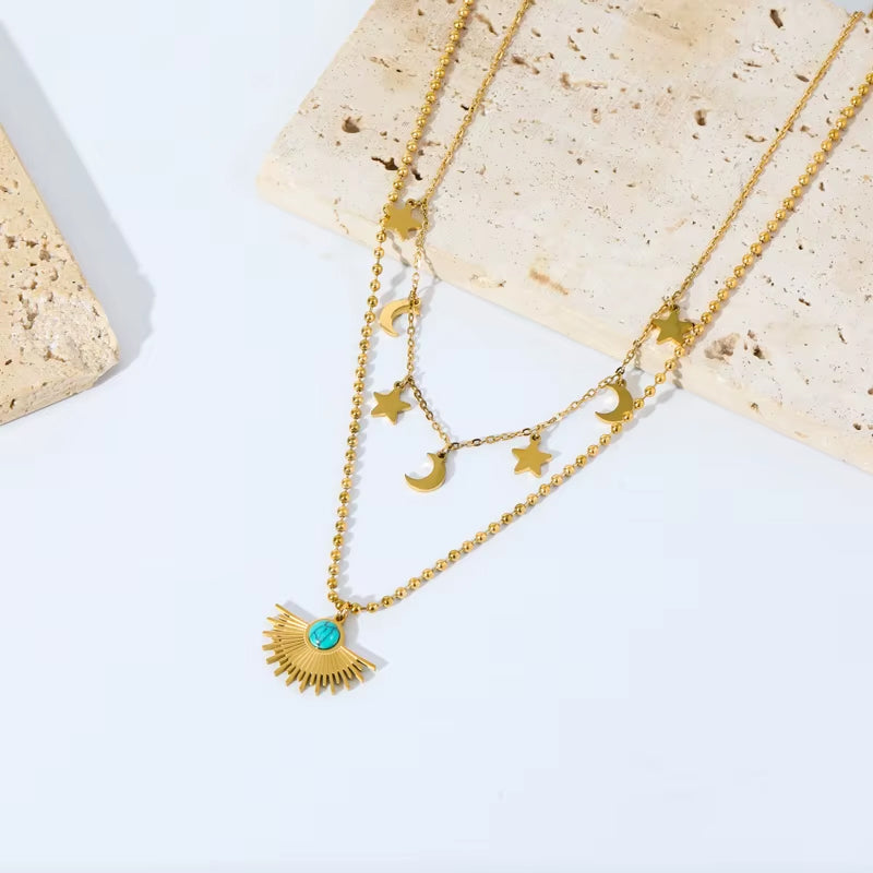 Stainless Steel Multilayer Geometric Portrait Coin & Stone Pendant Necklace – Fashion Jewelry for Women and Girls