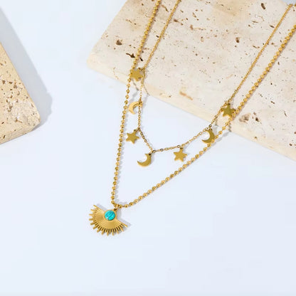 Stainless Steel Multilayer Geometric Portrait Coin & Stone Pendant Necklace – Fashion Jewelry for Women and Girls