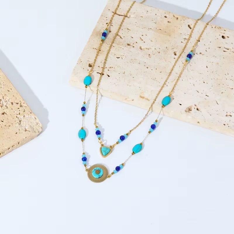 Stainless Steel Multilayer Geometric Portrait Coin & Stone Pendant Necklace – Fashion Jewelry for Women and Girls