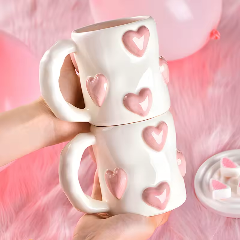 Hand-Painted Ceramic Mug with Pink Hearts – Cute Underglaze Coffee & Milk Cup, Perfect Valentine's Day Gift for Her